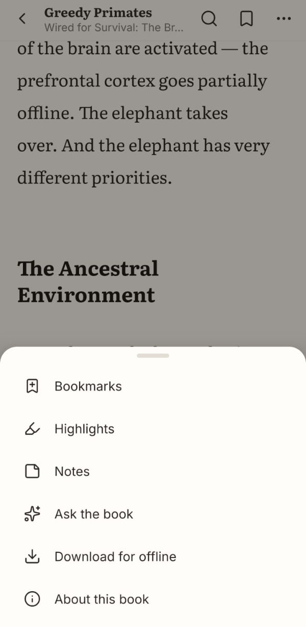Reflow reader menu listing Bookmarks, Highlights, Notes, Ask the book, Download for offline and About this book.