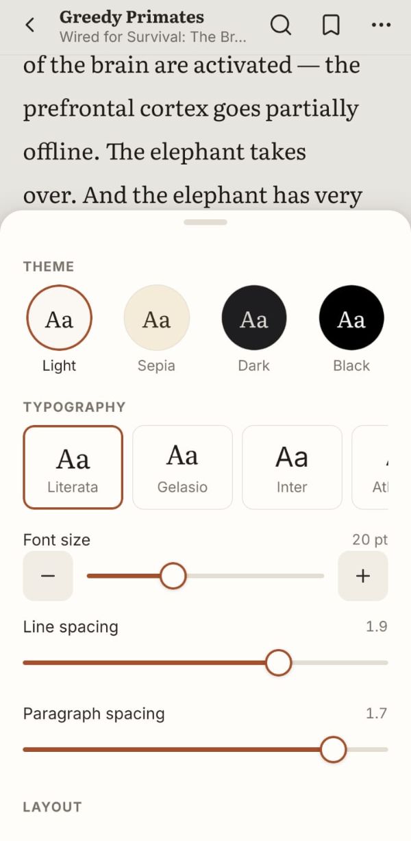 Reflow reader settings sheet with Light, Sepia, Dark and Black themes, Literata, Gelasio, Inter and Atkinson typefaces, and sliders for font size, line spacing and paragraph spacing.